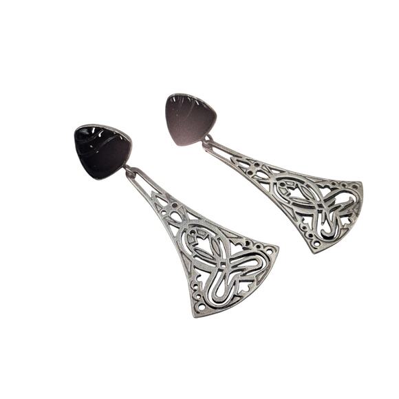 Vtg Tabra 14K Gold Post 925 Sterling Silver Carved Onyx Drop Earrings 18.34g - Picture 9 of 13